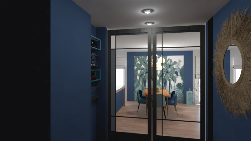 Entrée moderne avec des murs bleus et une table au centre entourée de plantes.