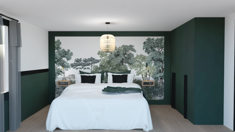 Chambre moderne avec mur vert et lit double, décoré d'une fresque végétale.
