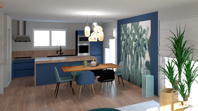 Cuisine moderne avec un mur bleu, table en bois et plantes décoratives.
