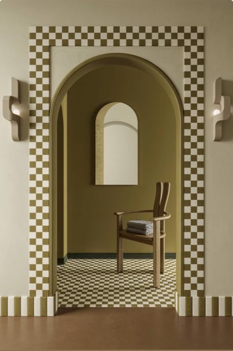 Intérieur stylisé avec un arc décoratif, une chaise en bois et des motifs géométriques.