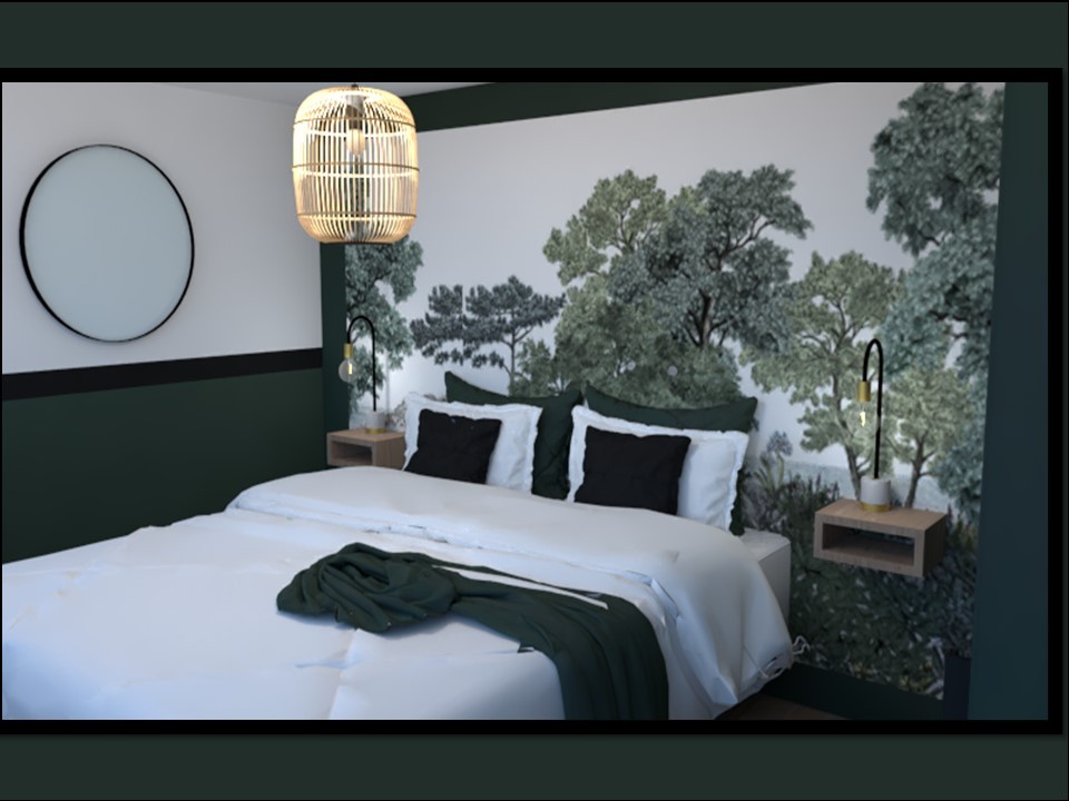 Chambre moderne avec lit double, décoré de papier peint arbre et accessoires en bois.