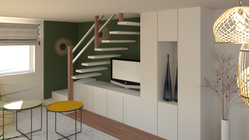 Intérieur moderne avec escaliers, télévision, meubles en bois et éléments décoratifs.