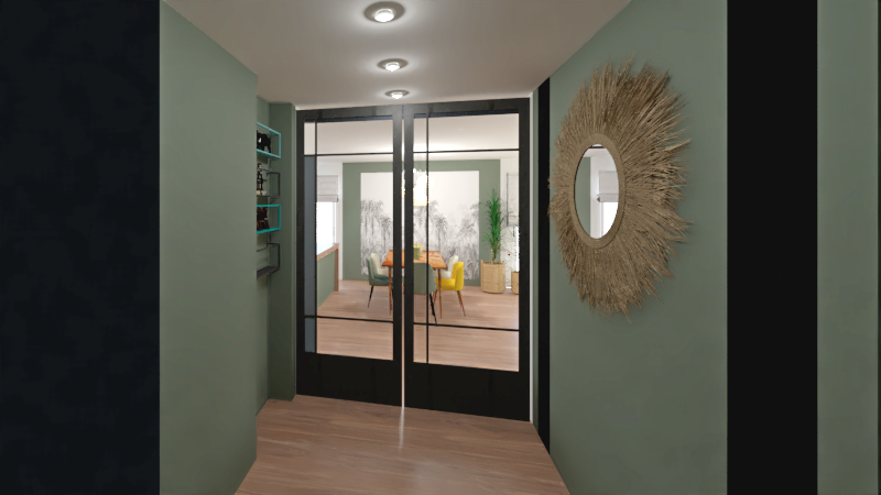 Entrée moderne avec murs verts, portes vitrées et décor minimaliste.
