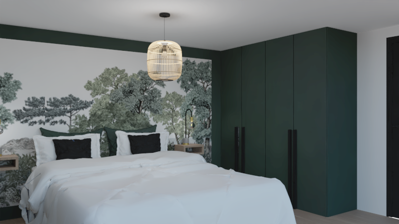 Chambre moderne avec lit double, mur décoré de végétation et rangements sombres.