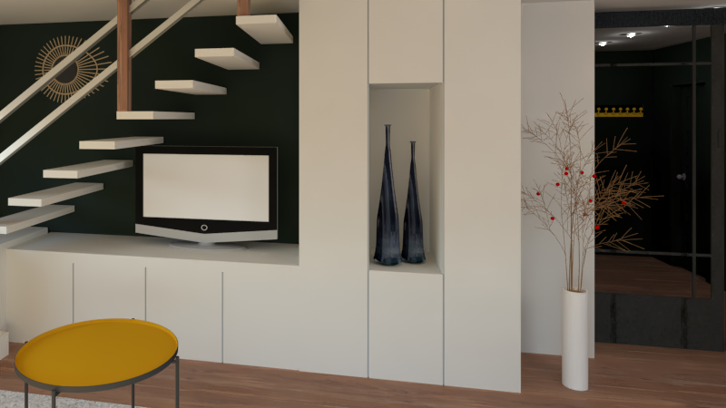 Intérieur moderne avec escalier, télévision, objets décoratifs et vase.