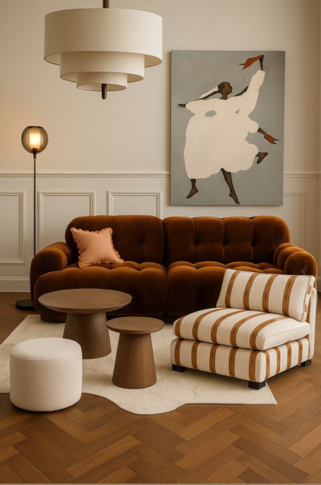 Salon moderne avec un canapé marron, tables en bois et un tableau stylisé au mur.