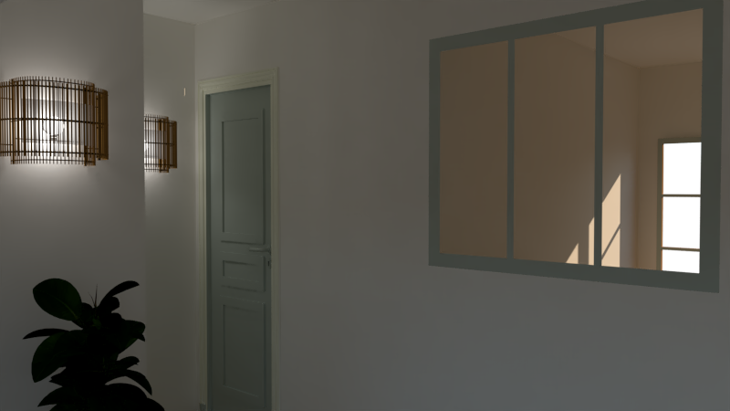 Intérieur minimaliste avec des murs clairs, une porte verte et une fenêtre éclairée.