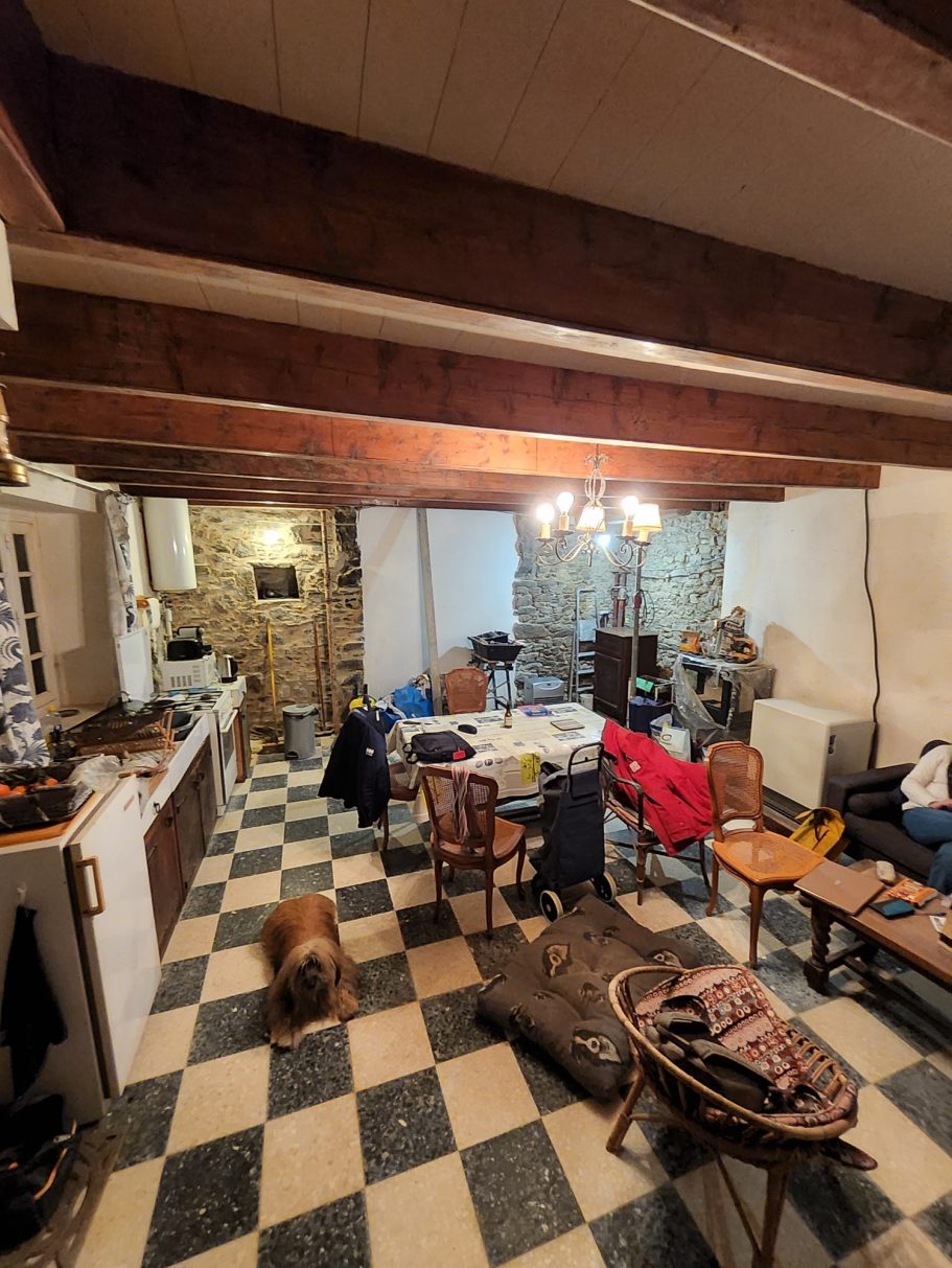 Intérieur rustique avec poutres apparentes, meubles en désordre et un chien sur le sol.