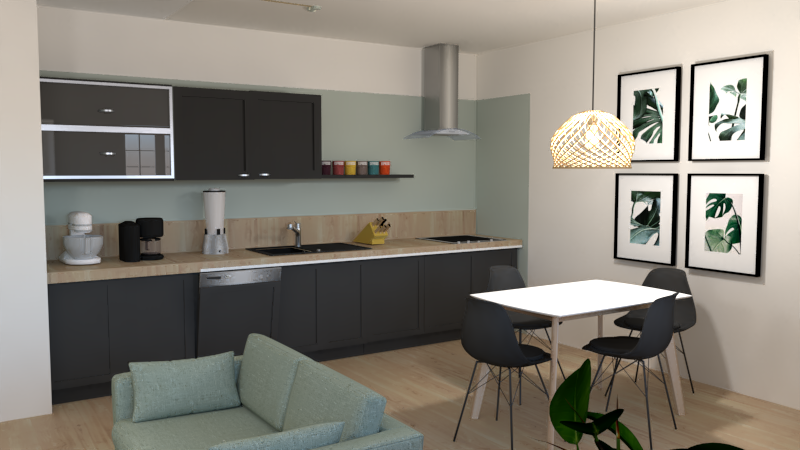 Cuisine moderne avec canapé, table à manger et décor mural botanique.