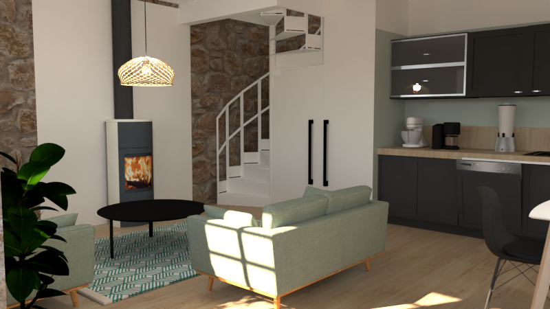 Salon moderne avec canapé, cheminée, cuisine ouverte et escalier en colimaçon.