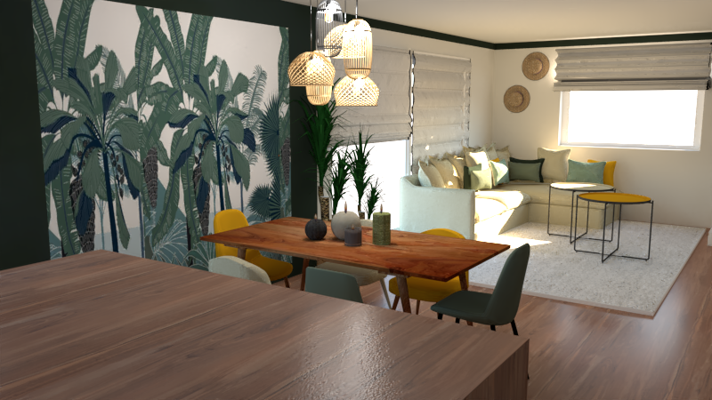Intérieur moderne avec un coin salon lumineux, table en bois et plantes décoratives.
