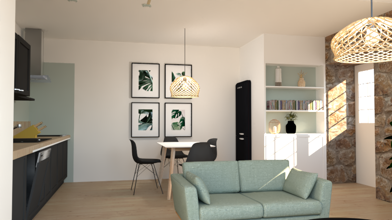 Salon moderne avec canapé vert, table à manger et décoration murale.