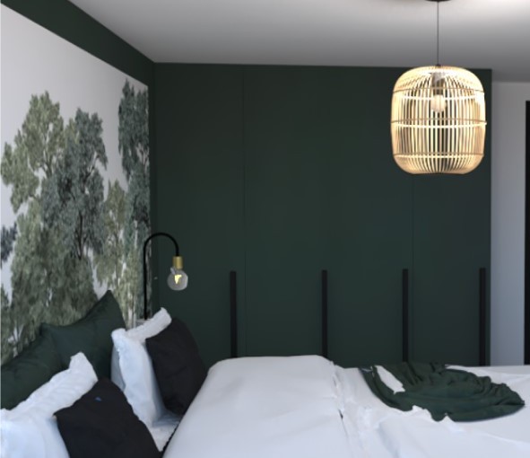 Chambre moderne avec mur vert, lit blanc et noir, et lampe suspendue.