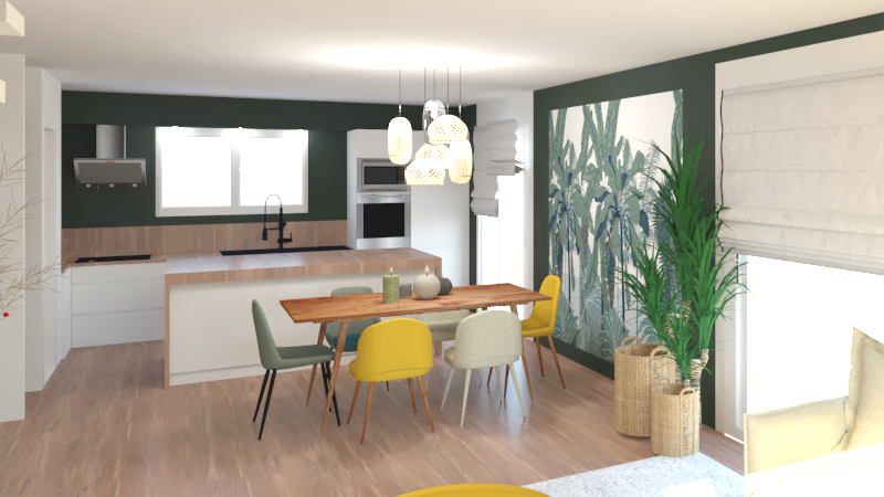 Cuisine moderne avec une table et des chaises colorées, plantes et lumières suspendues.