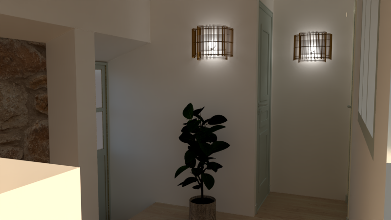 Intérieur d’un couloir lumineux avec des lampes murales et une plante en pot.